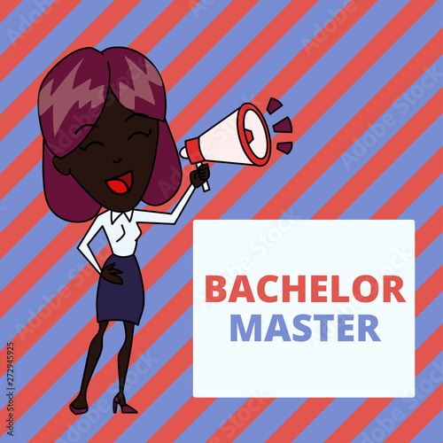 Writing note showing Bachelor Master. Business concept for An advanced degree completed after bachelor s is degree Young Woman Speaking in Blowhorn Colored Backgdrop Text Box photo