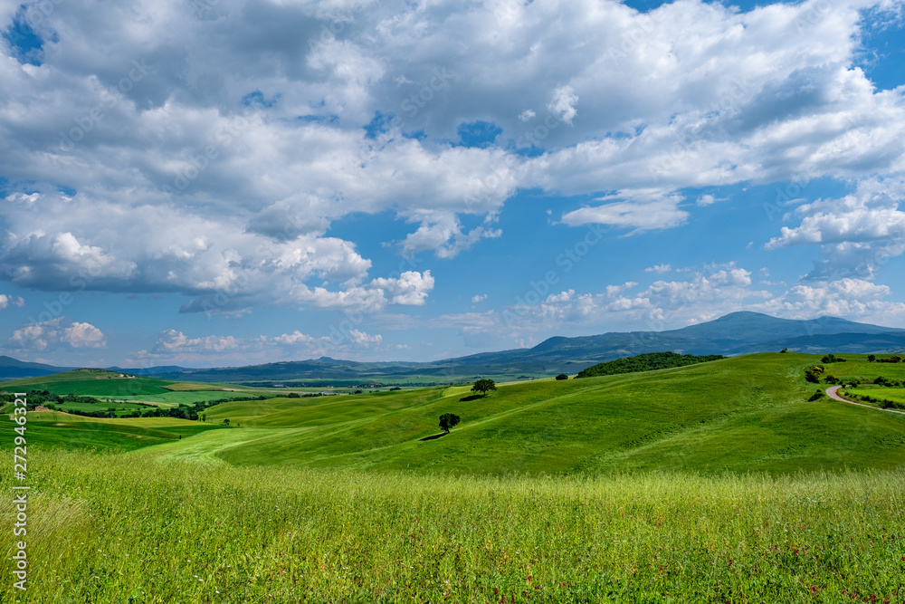 Picturesque Tuscany landscape with rolling hills, valleys, sunny fields, cypress trees along winding rural road, houses on a hill. Tourist visit in Tuscany Picturesque Tuscany landscape with rolling hills, valleys, sunny fields, cypress trees along winding rural road, houses on a hill. Tourist visit in Tuscany