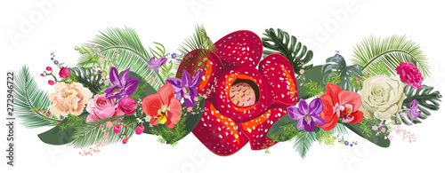 Floral tropical horizontal border: orchids, roses, carnations, rafflesia flowers, leaves coconut palm, monstera, twig, berries, white background. Digital draw, watercolor style, panoramic view, vector photo