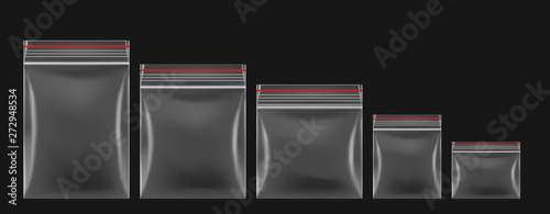 Zipper locking bag mockups of different proportions. Vector illustration. Ready for your design. EPS10.	