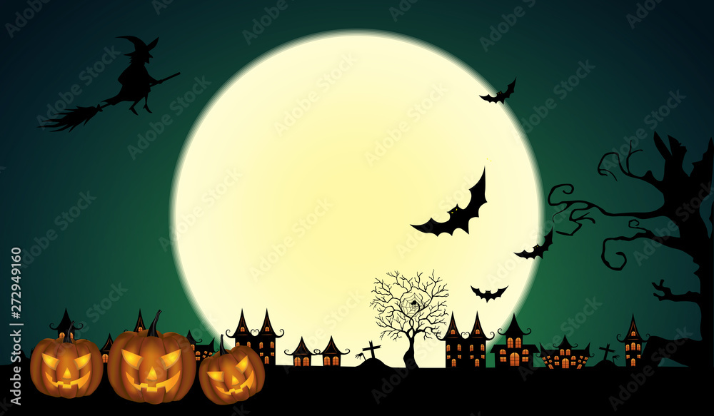 Halloween pumpkins with bat and Moon background, illustration.Vector