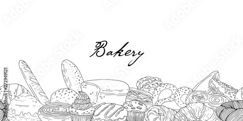 Seamless border of elements with hand drawn bakery products on a white background
