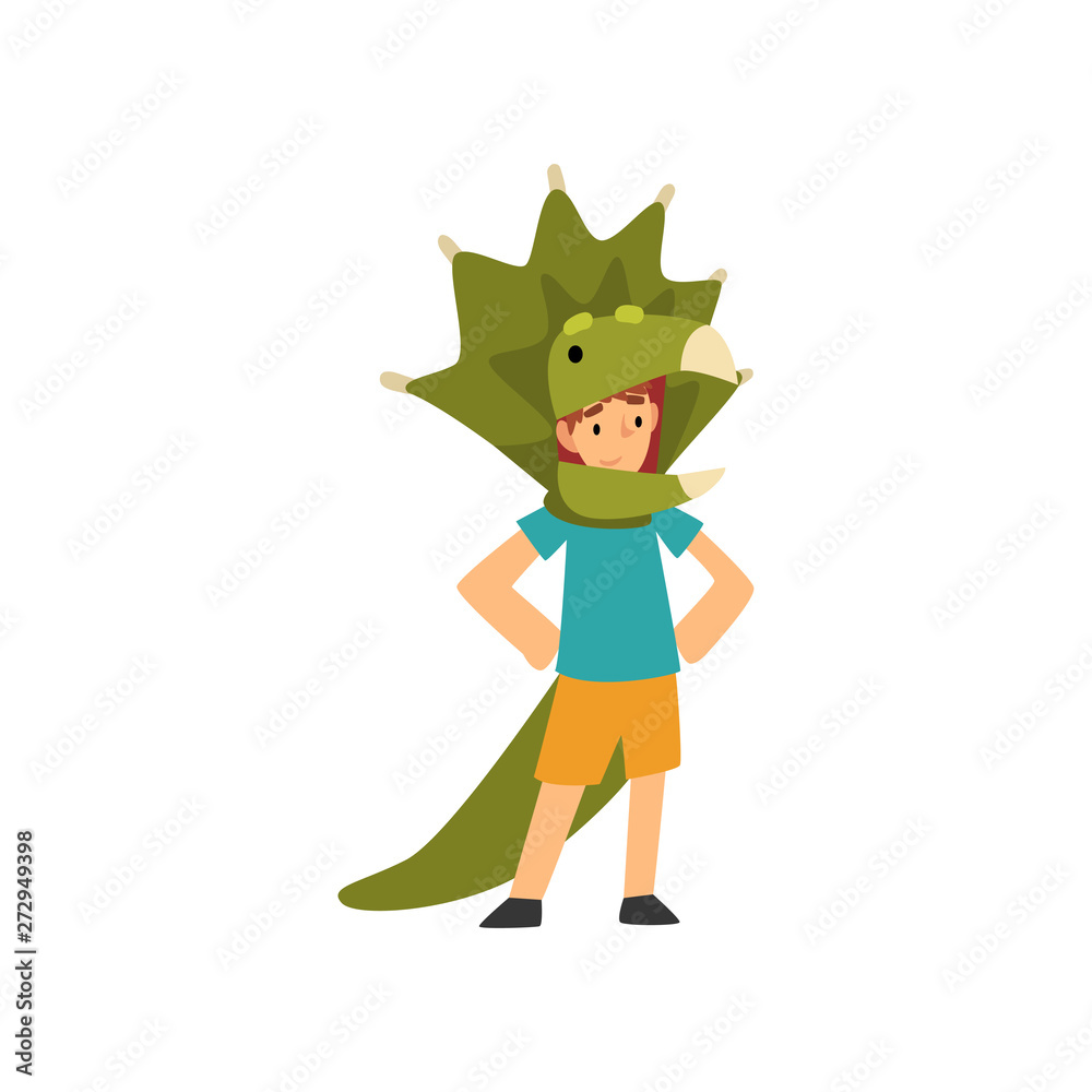 Boy in Green Dinosaur Costume, Cute Kid Dressed for Carnival or Masquerade Party Vector Illustration Boy in Green Dinosaur Costume, Cute Kid Dressed for Carnival or Masquerade Party Vector Illustration
