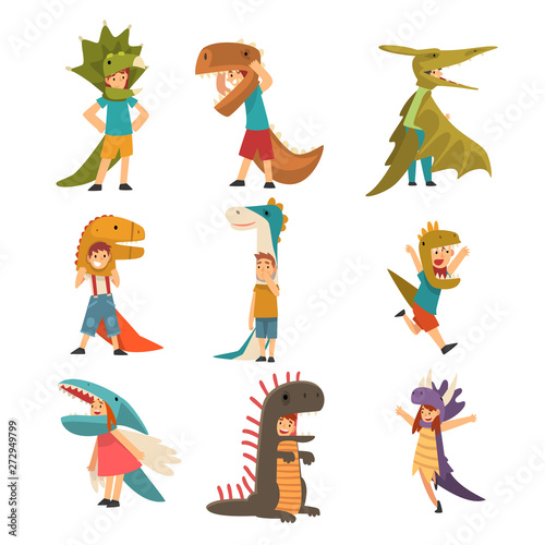 Collection of Cute Kids in Costumes of Dinosaurs  Boys and Girls Dressed for Carnival or Masquerade Party Vector Illustration