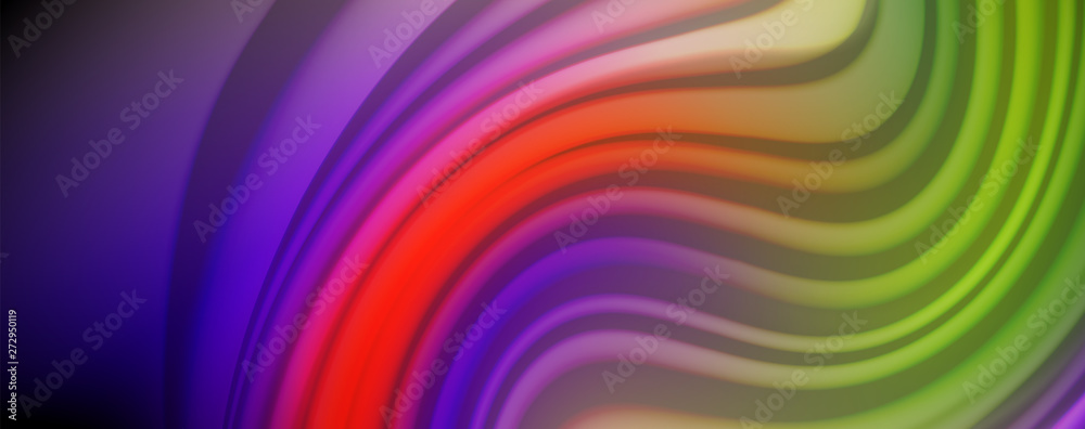 Obraz premium Modern rainbow liquid color flow colorful poster. Wave Liquid shape in black color background. Abstract composition