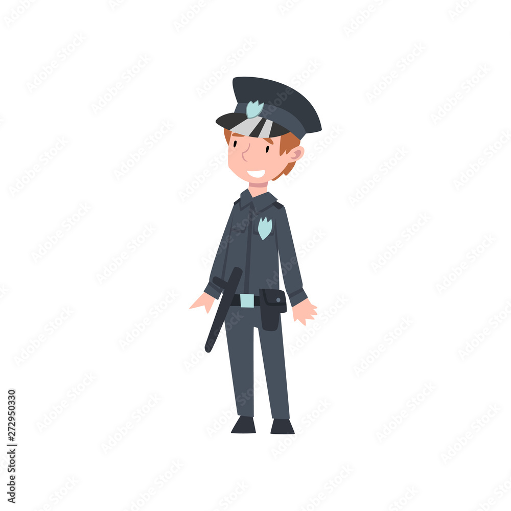 Cute Boy Dressed as Police Officer, Kids Future Profession Vector Illustration