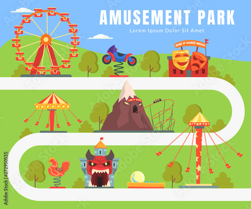 Map of Amusement Park  Summer Landscape  Attractions  Castle  Ferris Wheel  Seesaw Vector Illustration