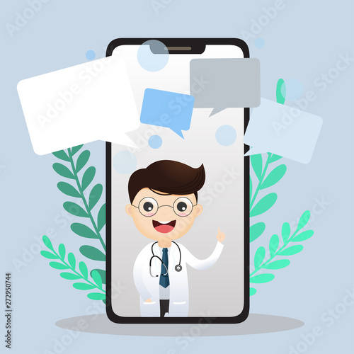 Mobile doctor. Smiling doctor on the phone screen. Medical internet consultation. Healthcare consulting web service. Hospital support online. Vector,illustration.
