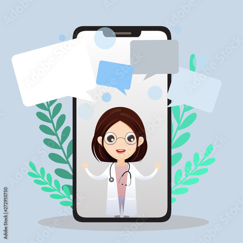 Mobile doctor. Smiling doctor on the phone screen. Medical internet consultation. Healthcare consulting web service. Hospital support online. Vector,illustration.