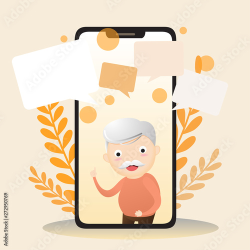 Vector illustration of elderly character with smart phone. Old aged family couple man & woman communication using smart phone video call. Elderly people talking. vector,illustration.