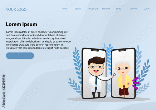 Mobile doctor. Smiling doctor on the phone screen. Medical internet consultation. Healthcare consulting web service. Hospital support online. Vector,illustration.