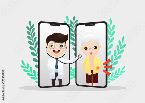 Mobile doctor. Smiling doctor on the phone screen. Medical internet consultation. Healthcare consulting web service. Hospital support online. Vector,illustration.