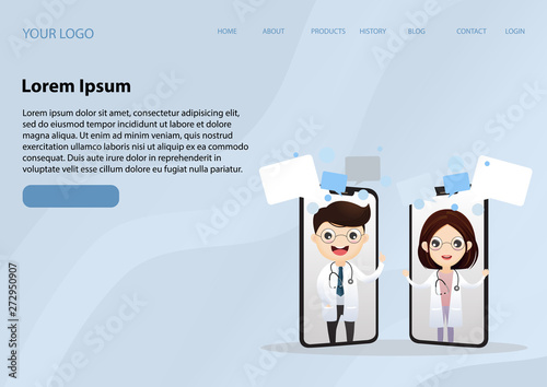 Mobile doctor. Smiling doctor on the phone screen. Medical internet consultation. Healthcare consulting web service. Hospital support online. Vector,illustration.