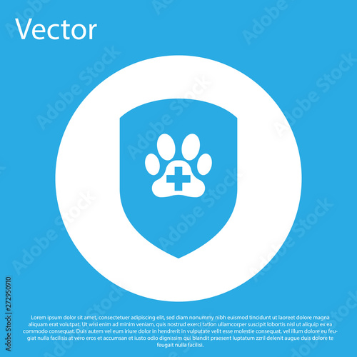Blue Animal health insurance icon isolated on blue background. Pet protection icon. Dog or cat paw print. White circle button. Vector Illustration