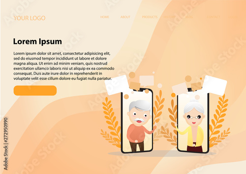 Vector illustration of elderly character with smart phone. Old aged family couple man & woman communication using smart phone video call. Elderly people talking. vector,illustration.