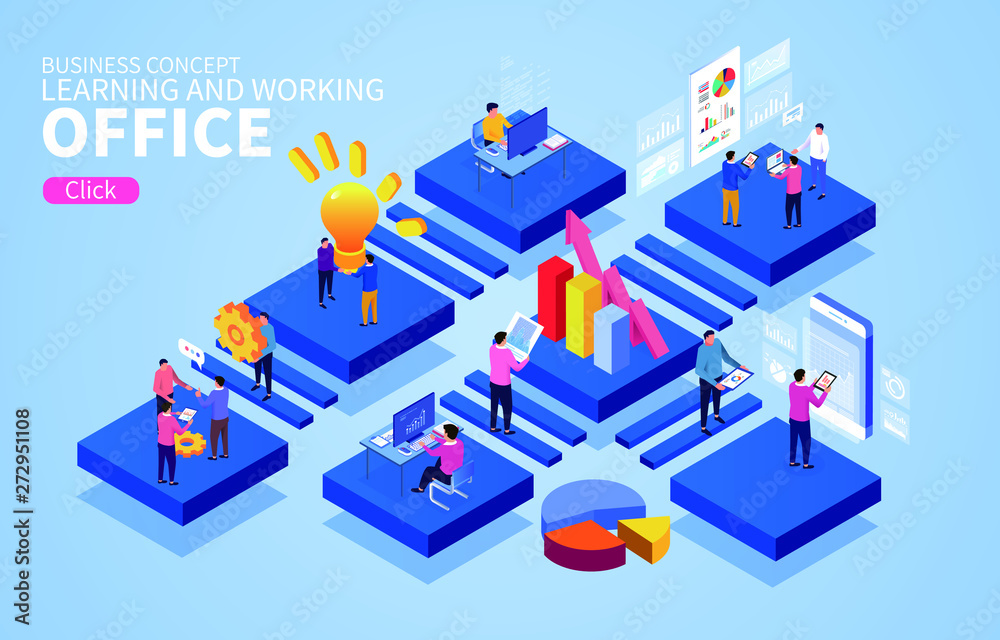 Isometric business office work study and business data analysis discussion Isometric business office work study and business data analysis discussion