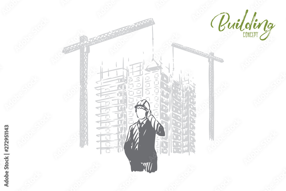 Faceless businessman, foreman in hard hat talking on phone, industrial lifting cranes, architect profession Faceless businessman, foreman in hard hat talking on phone, industrial lifting cranes, architect profession
