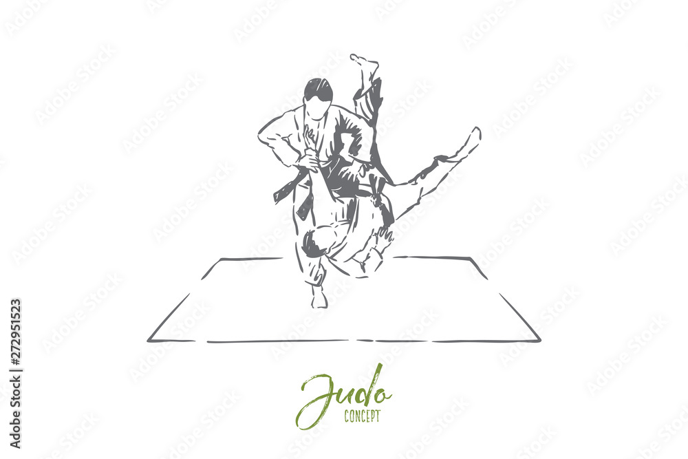 Judo sparring, young men in kimono with belts, faceless athletes, combat practice, self defence exercise Judo sparring, young men in kimono with belts, faceless athletes, combat practice, self defence exercise