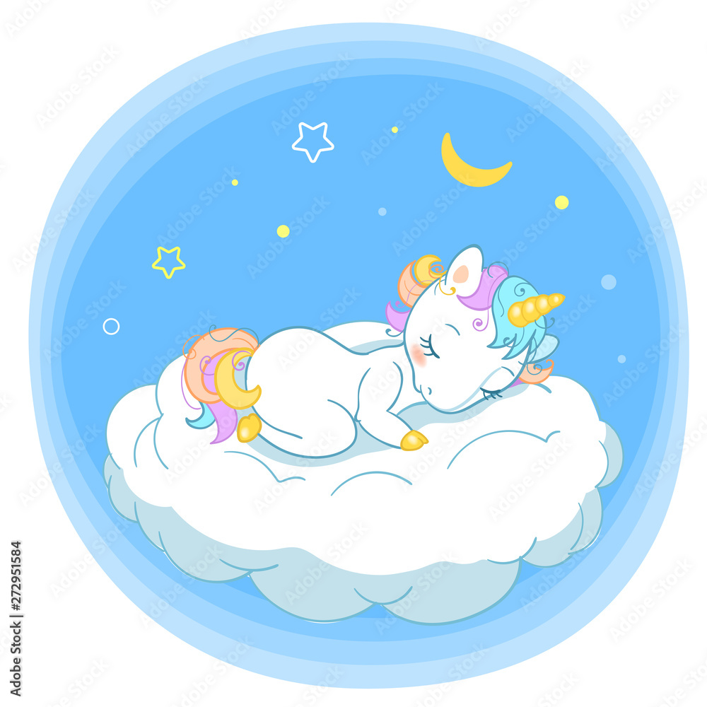 Magic cute unicorn in cartoon style. Doodle unicorn sleeping on a cloud. Vector illustration for cards, posters, kids t-shirt prints, textile design. Magic cute unicorn in cartoon style. Doodle unicorn sleeping on a cloud. Vector illustration for cards, posters, kids t-shirt prints, textile design.