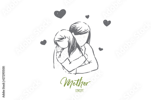 Mom hugs daughter, young woman and little girl embrace, faceless parent, happy motherhood, mother day