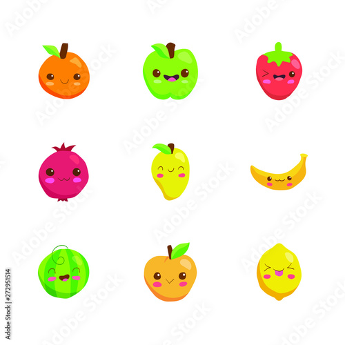 Set of Cute Happy Fruits. Kawaii Food vector illustration in cartoon style.