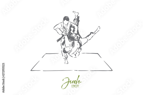 Judo sparring, young men in kimono with belts, faceless athletes, combat practice, self defence exercise