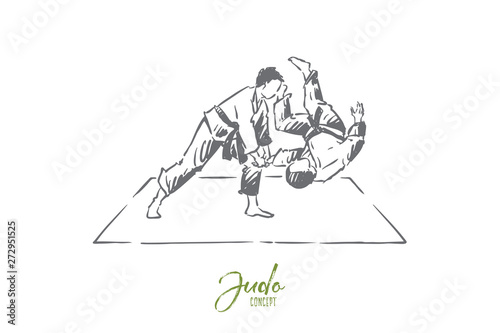 Karate sparring, young fighter in kimono throwing opponent on mat, oriental combat practice, training