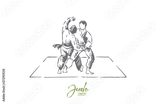 Karate or judo sparring, traditional oriental martial arts, young fighters in kimono practicing footboard