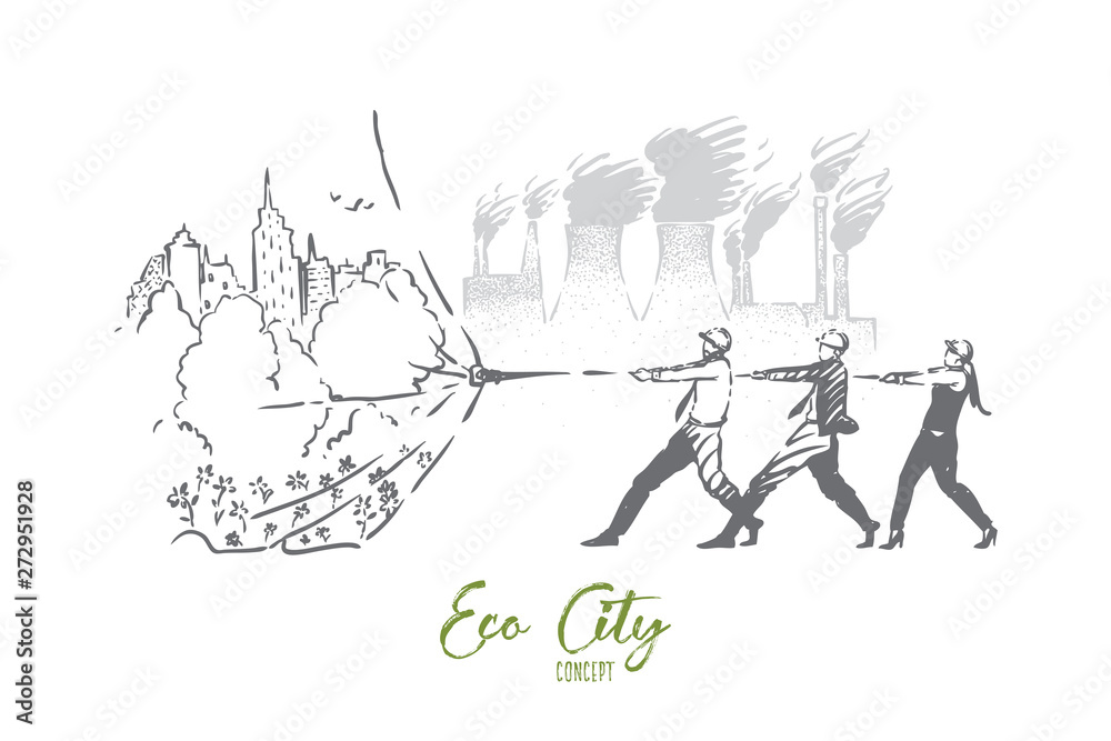 Nature vs industry metaphor, ecology activists saving green city area Nature vs industry metaphor, ecology activists saving green city area