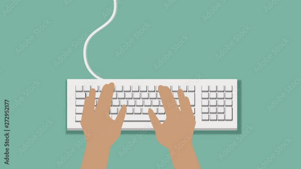 Flat Hands typing on white keyboard with cable and pastel background motion.Type keyboard to input data.Working with computer concept