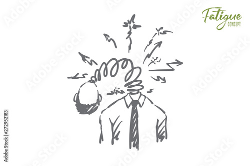 Exhausted corporate office worker, tired faceless employee, broken robot, workload, headache metaphor