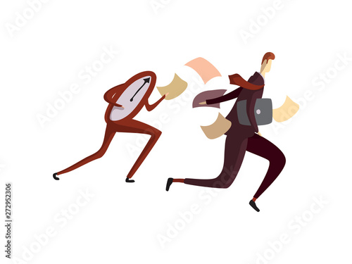 Man in a suit runs away from humanized watches. Vector illustration on white background.