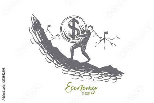 Financial success metaphor, businessman carrying coin to mountain top
