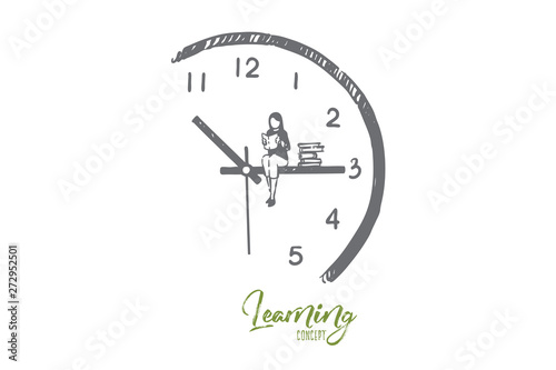 Reading time metaphor  girl with open book sitting on clock hand