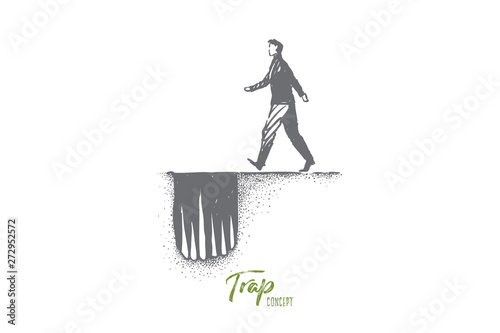 Dangerous path metaphor, man moving to hole trap with sharp spikes