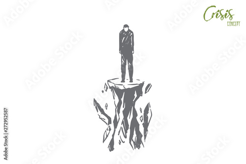 Losing ground metaphor, man standing alone on tiny ruining rock