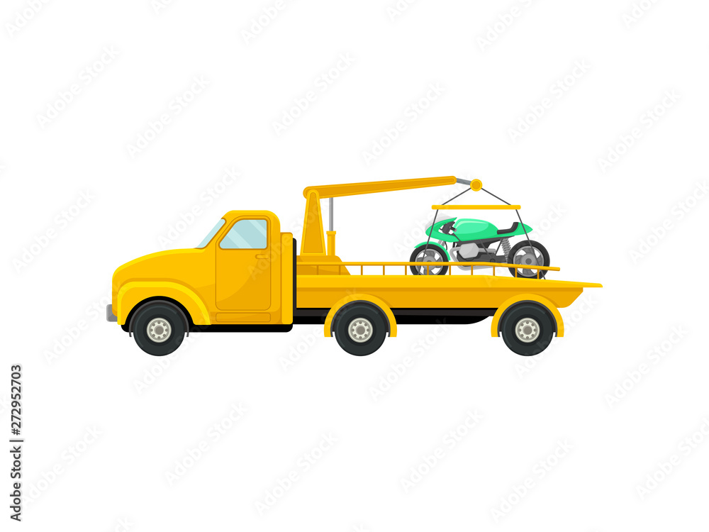 Tow truck with a motorcycle on the platform. Vector illustration on white background.