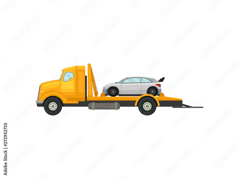 Tow truck with a car on the platform. Vector illustration on white background. Tow truck with a car on the platform. Vector illustration on white background.