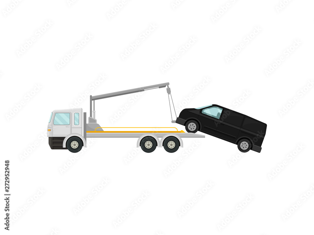 Tow truck pulls a minibus. Vector illustration on white background.