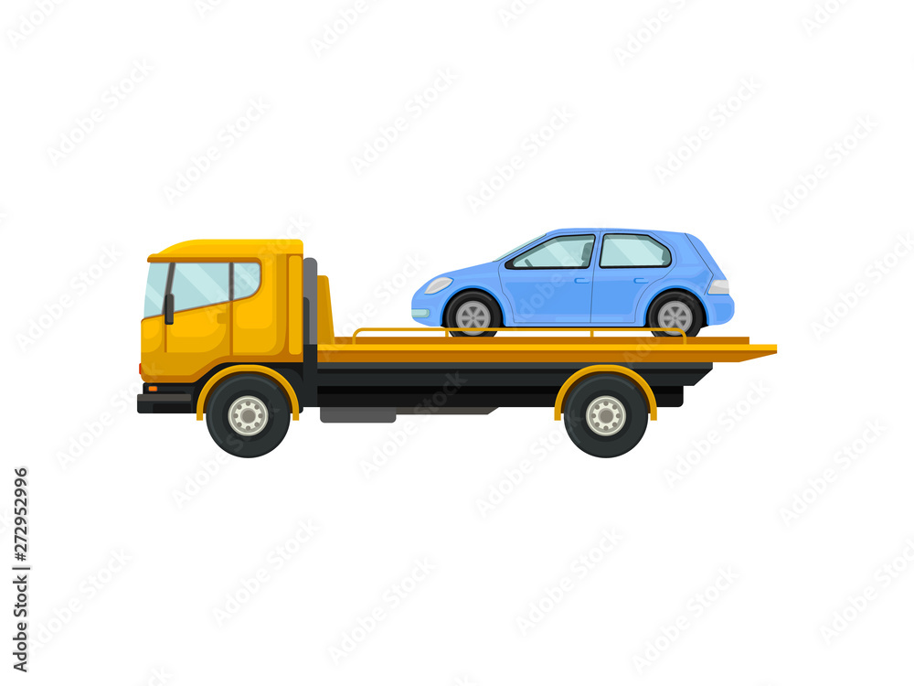 Tow truck drives a blue car. Vector illustration on white background. Tow truck drives a blue car. Vector illustration on white background.