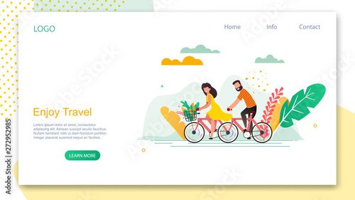 Enjoy Travel. Cartoon Man and Woman Ride Bicycle