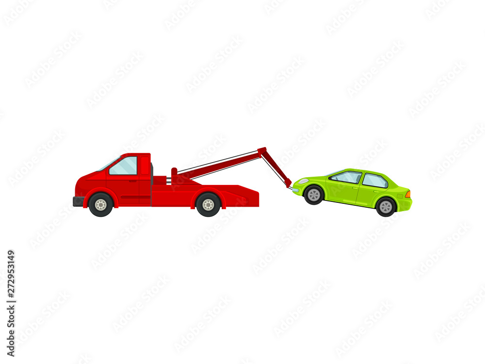 Tow truck pulls green car. Vector illustration on white background.