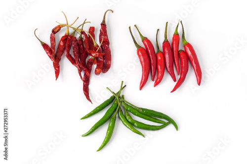 Top view Red Green chili pepper and Dried pepper isolated on white background.