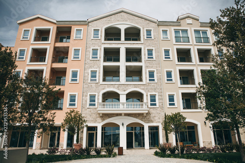 Front view of apartment building or condominium.