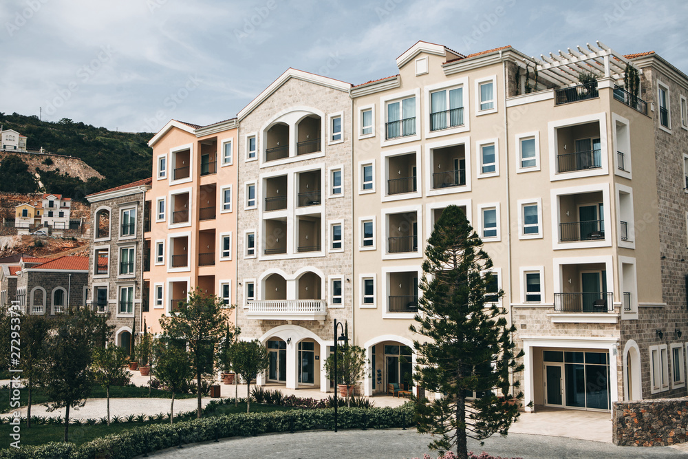 Front view of apartment building or condominium. Front view of apartment building or condominium.