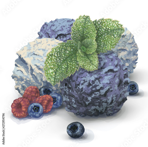 Vector three balls of delicious cream ice cream in a restaurant, very rich taste, made from natural organic products. Flavor blueberry, purple. Fresh raspberry, blueberry, mint. Hand-drawn, vintage