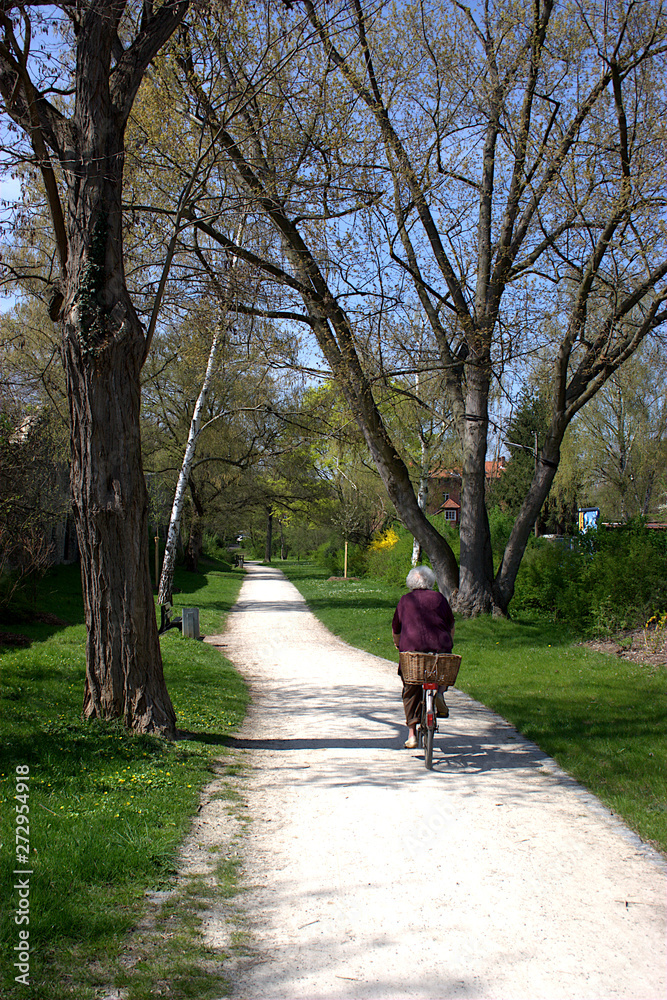 Ältere Frau fährt im Frühling Fahrrad, im Park