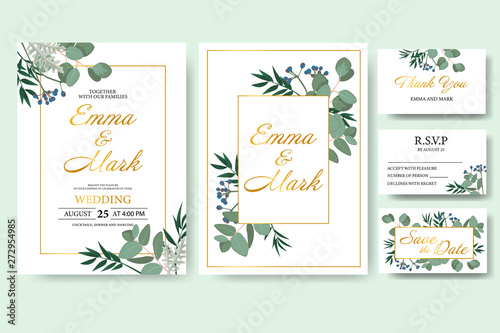 Wedding floral invitation card save the date design with green leaf herbs eucalyptus frame. Botanical elegant decorative vector template
