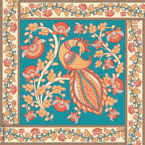 Square composition with a bird and a flower branch. Indian style. Kalamkari.