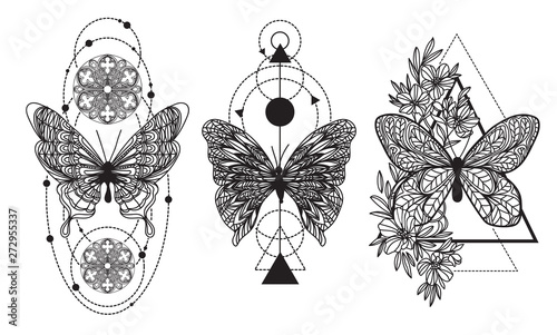 Tattoo art butterfly hand drawing and sketch with line art illustration isolated on white background.